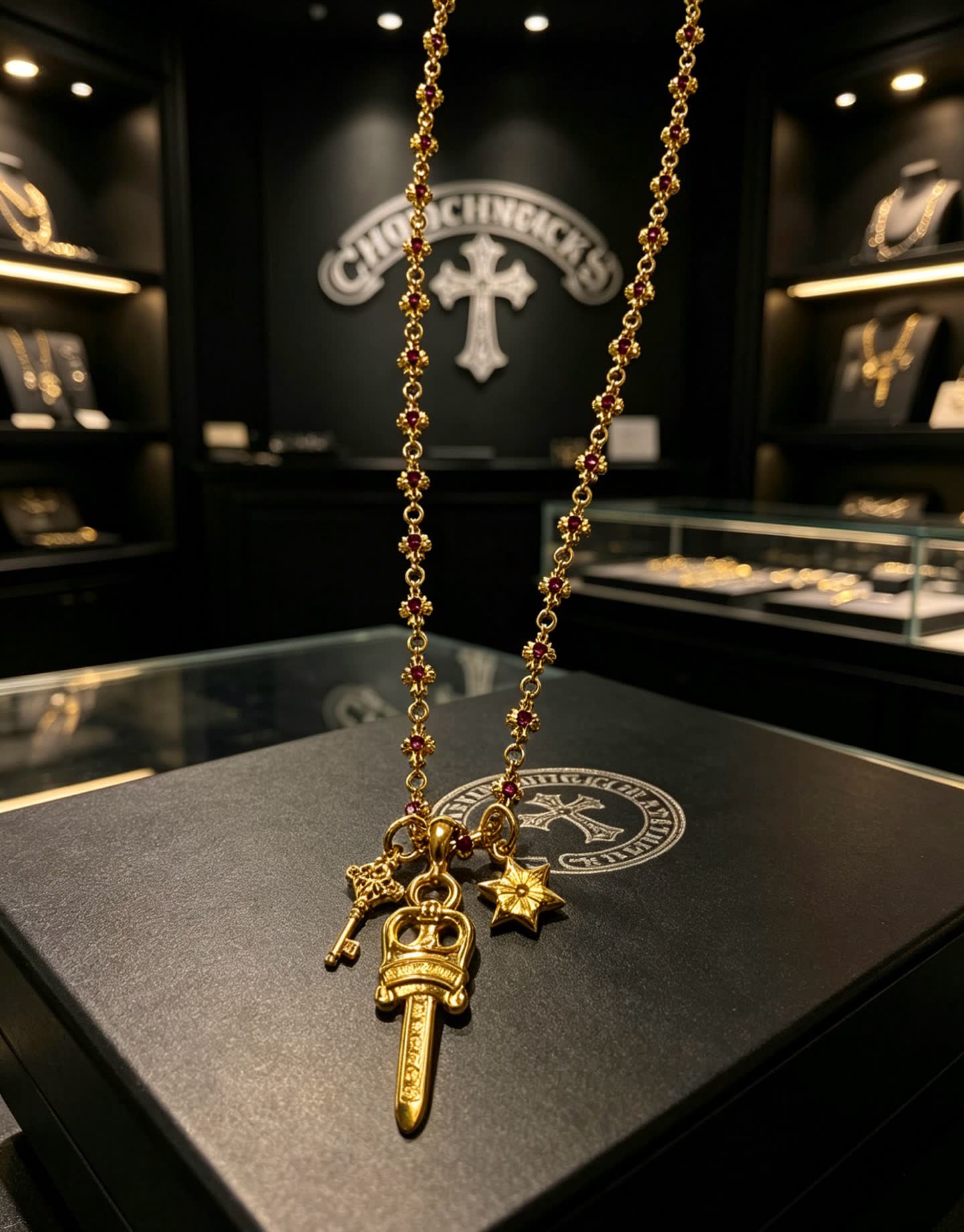 Chrome Hearts Royal Gold and Ruby Necklace with Sword Pendant